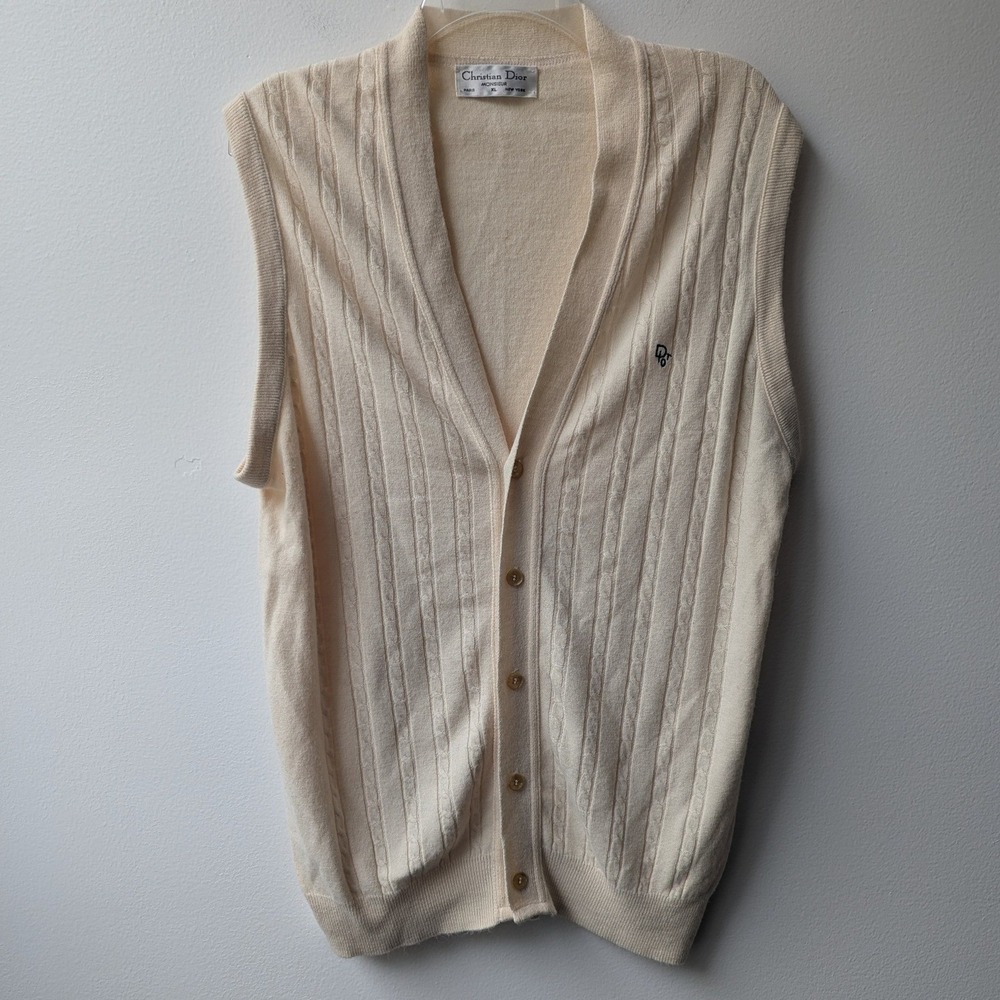 Vtg 80s Christian Dior Sweater Vest Cream Cable Knit XL Ivy League Designer USA